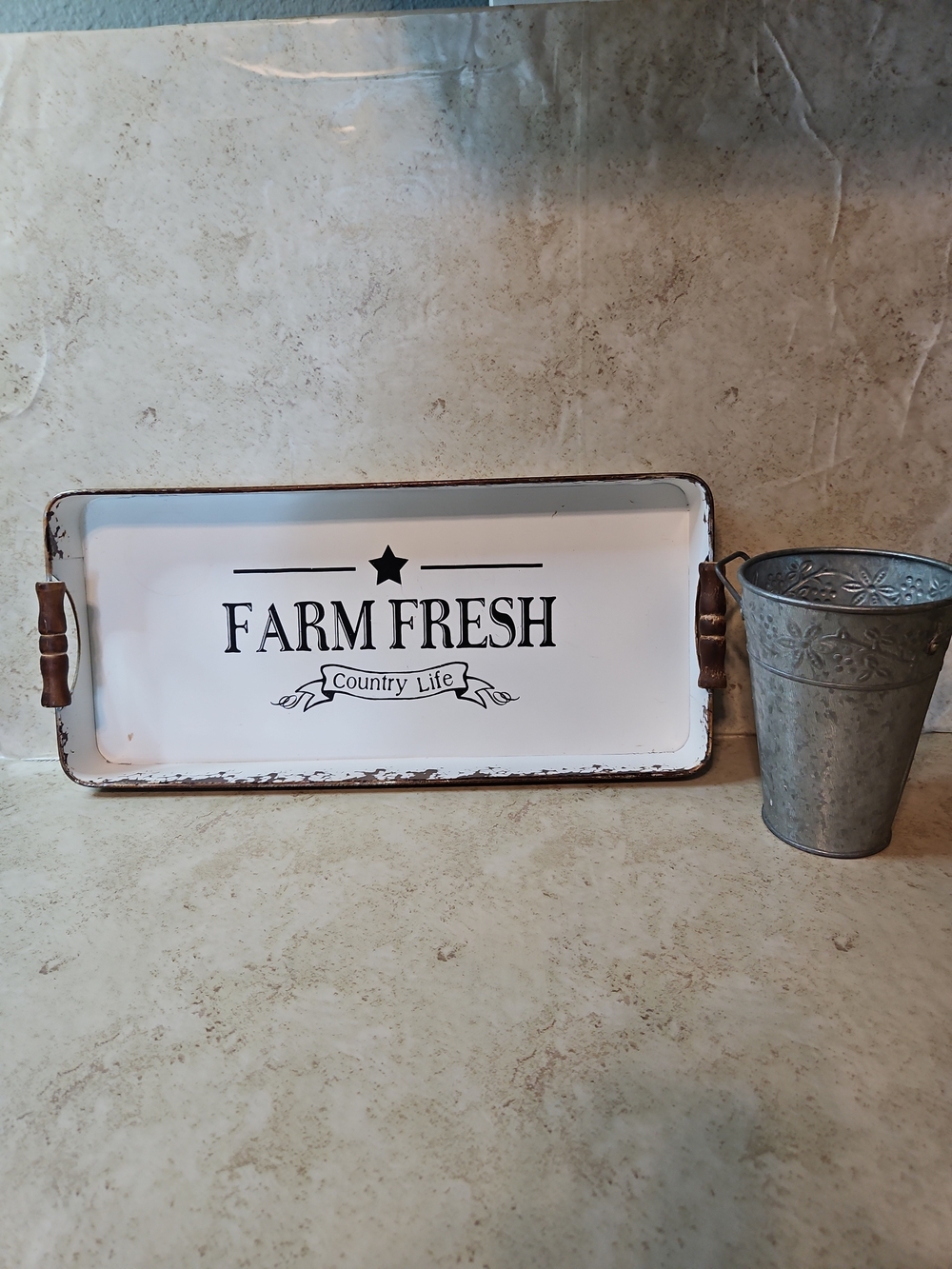 Farm Fresh Metal Serving Tray with Wooden Handles - White